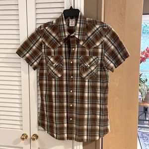 True Religion western style snap button short sleeve, mens M